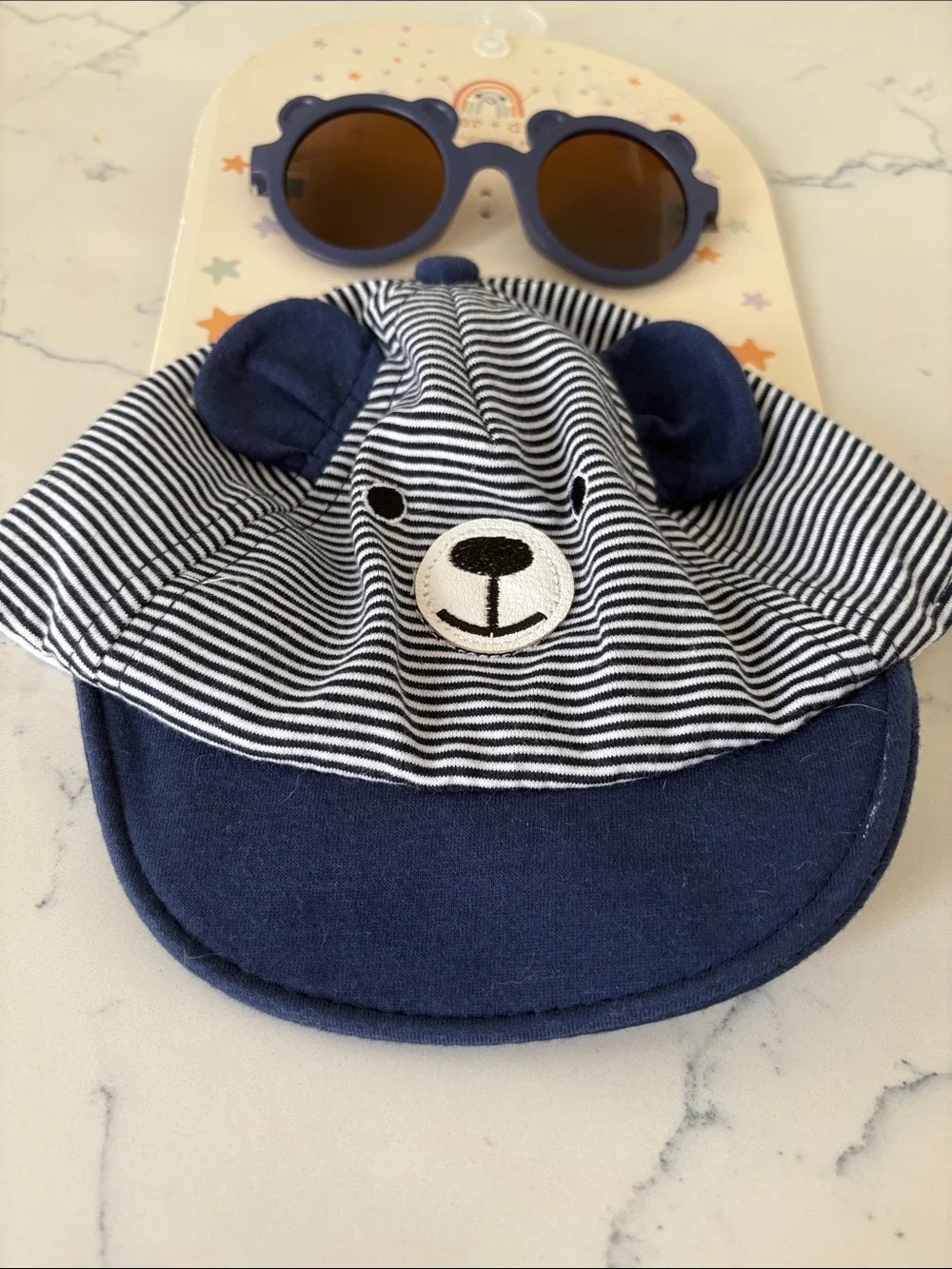 Striped Navy Bear Sun Cap with Matching Sunglasses